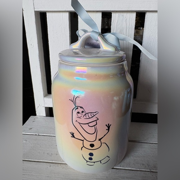 Disney Frozen Rae Dunn White Ceramic Olaf Baby Canister with Blue Ribbon - Picture 3 of 3